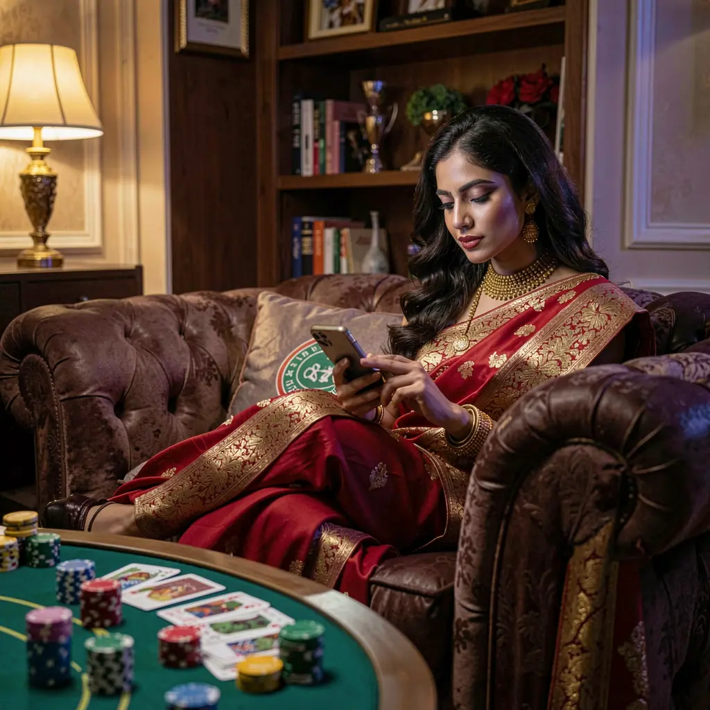 Stylish Bangladeshi woman relaxing on a sofa while using the ABC67 casino app surrounded by glowing chips and cards