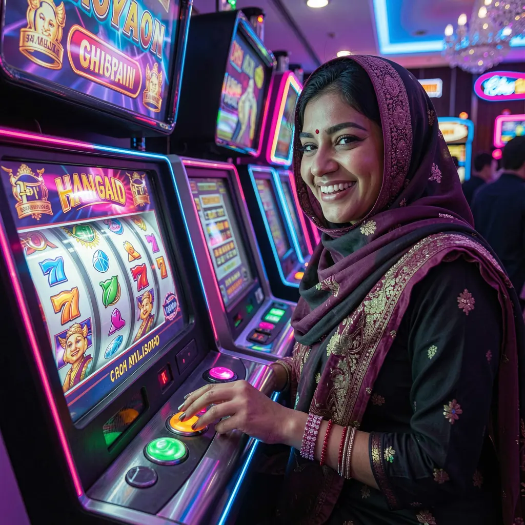 Stylish Bangladeshi woman enjoying vibrant slot machine action with glowing reels and neon lights at ABC67 online casino